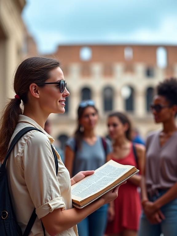 Guida turistica appassionata che spiega la storia a un piccolo gruppo di fronte al Colosseo