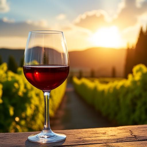 Bicchiere di vino rosso con un vigneto toscano sullo sfondo